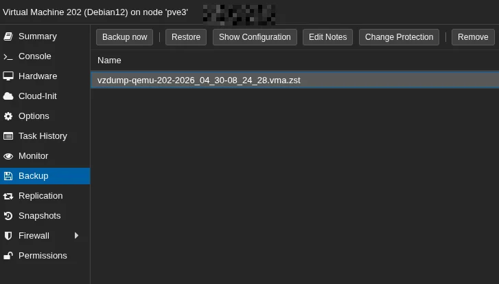 Interface de backup local no proxmox